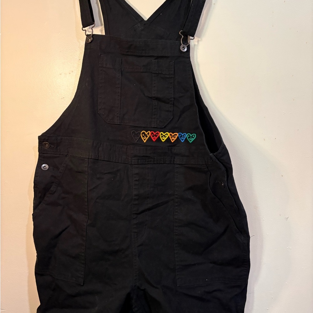 Black Overalls with Colorful Heart Accents